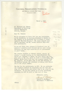 Letter from Columbia Broadcasting System to W. E. B. Du Bois