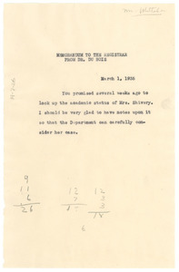 Memorandum from W. E. B. Du Bois to Atlanta University Registrar