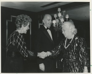 First lady Nancy Reagan shaking hands with Margaret Milbank Bogert