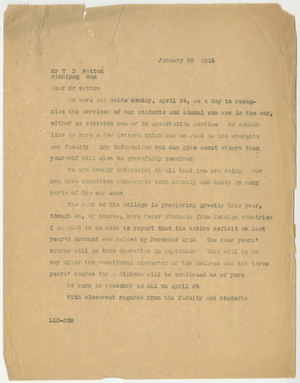 Letter from Laurence L. Doggett to Thomas D. Patton (January 20, 1916)