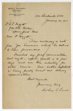 Letter from Arthur S. Lamb to Laurence L. Doggett (January 30 1917)