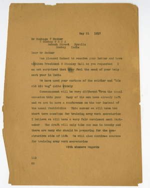 Letter from Laurence L. Doggett to Montagu F. Modder (May 31, 1917)