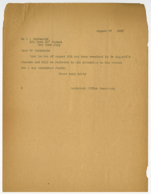 Letter form the Springfield College Assistant Office Secretary to C. W. Whitehair (August 27, 1917)