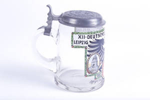 Blown glass stein commemorating 1913 Leipzig Turnfest, signed by Franz Ringer