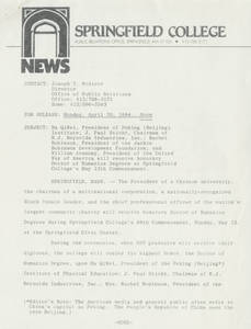 News Release about 1984 Springfield College Commencement (April 30, 1984)