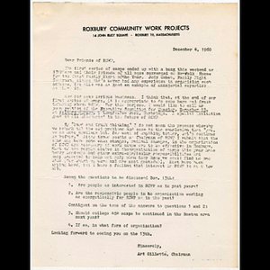 Letter from Art Gillette to friends of RCWP concerning first series of campsand meeting to be held December 13, 1960