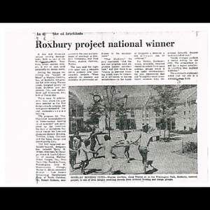 Photocopy of newspaper article, Roxbury project national winner