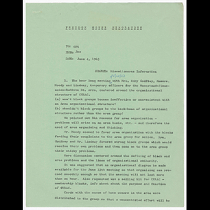 Memorandum from Joe to OPS about meeting with temporary officers for the Homestead-Pleasanton-Ruthven St. areas, setting up a meeting of home owners on Georgia-Hartwell Streets and Ed Devine dispute with Mr. Warren Williams about debris on his property