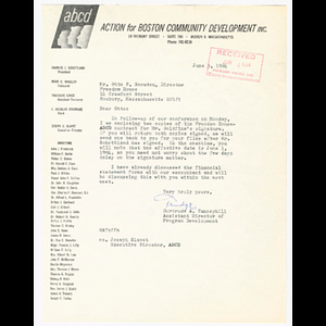 Letter from Gertrude Tanneyhill to Otto Snowden about signatures from contract between Freedom House, Inc. and Action for Boston Community Development (ABCD)