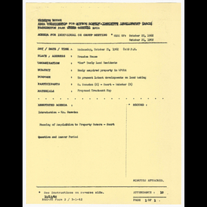 Agenda, minutes, attendance list and flier for new early land residents meeting on October 24, 1962