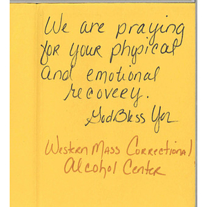 Card from Western Massachusetts Correctional Alcohol Center