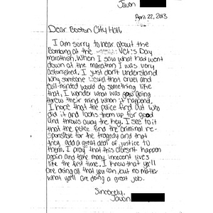 Letter to the city of Boston from a student at Jasper Junior High School (Jasper, Texas)