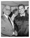 Tour of the Ted Williams Tunnel in Boston, Mass: John Joseph Moakley shaking hands with unidentified man