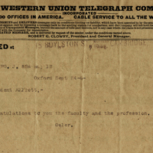 Telegram to Charles W. Eliot from Sir William Osler