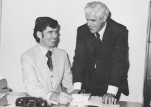 Suffolk University Athletics Director James E. Nelson with Director of Public Relations Louis B. Connelly