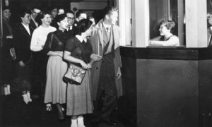 Suffolk University students line up to buy tickets for a performance at the Suffolk University theatre