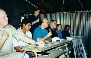 John Joseph Moakley and James P. McGovern at speaking panel in El Salvador, November 1999