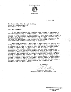 Letter to John Joseph Moakley from Thomas A. Twetten, Deputy Director of Operations, regarding the CIA's (Central Intelligence Agency) role in the investigation of the Jesuit murders, 10 December 1991