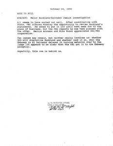 Note to Bill regarding Jesuit murder investigation, Major Eric Buckland, and John Joseph Moakley's desire to review Buckland's statements, 26 October 1990
