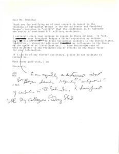 Draft constituent letter from Congressman John Joseph Moakley regarding President Ronald Reagan's decision to train Salvadoran soldiers in the United States and to certify human rights conditions in El Salvador
