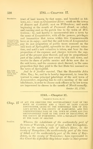 1783 Chap. 0017 An Act For Erecting The Southeasterly Part Of The Town Of Warwick And A Tract Of Land Called Ervingsiiire, Lying On The Northerly Side Of Miller's River, In The County Of Hampshire; And The Northwesterly Part Of The Town Of Athol And The Southeasterly Part Of The Town Of Warwick And A Tract Of Land Called Ervingsiiire, Lying On The Northerly Side Of Miller's River, In The County Of Hampshire; And The Northwesterly Part Of The Town Of Athol And The Southwesterly Part Of The Town Of Royalston, In The County Of Worcester; Into A Separate District By The Name Of Orange.