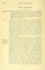 1784 Chap. 0016 An Act For Obtaining A Just And Accurate Account Of The Quantity Of Land Within This Commonwealth, Granted To Or Surveyed For Any Person, The Number Of Buildings Thereon, And Of Its Inhabitants, Pursuant To A Resolve Of Congress, Passed The Seventeenth Day Of February, One Thousand Seven Hundred And Eighty-Three.