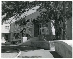 Saint Thomas More Hall exterior: steps from driveway