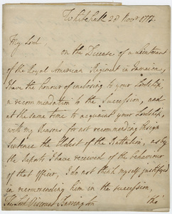 Jeffery Amherst letter to Viscount William Barrington, 1777 November 28