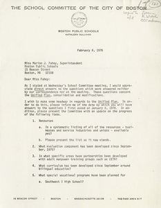 Letter from Kathleen Sullivan, Boston School Committee member, to Marion J. Fahey, Superintendent of Boston Public Schools, 1976 February 6