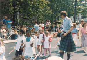 Marching with Waldorf School in May Day parade, Woods Hole