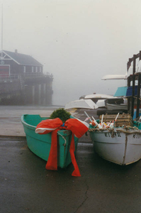 Holiday wreaths on dories