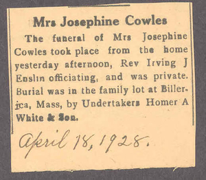 Obituary for Josephine Cowles, 1928 April 18