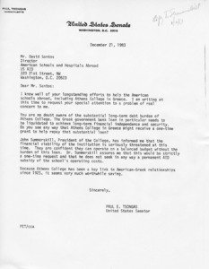 Letter from Paul Tsongas to David Santos concerning American Schools abroad