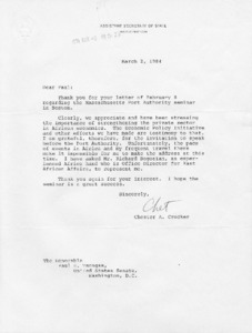 Letter to Paul E. Tsongas, from Chester A. Crocker regarding the invitation to speak at the Massachusetts Port Authority Seminar in Boston