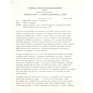 Memo, summary of report to U.S. Office of Education concerning sociometric study of METCO children in January, 1967.