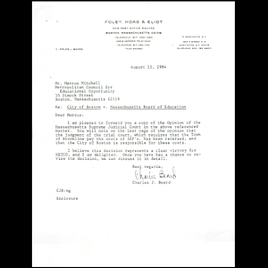 Letter, City of Boston v. Massachusetts Board of Education.