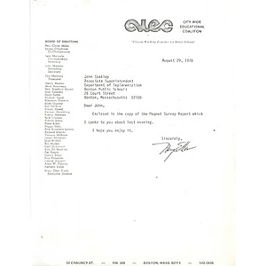 Letter, John Coakley, August 29, 1978.
