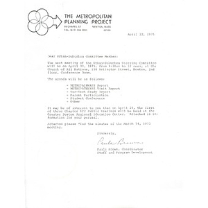 Letter, Metropolitan Planning Project, April 22, 1975.