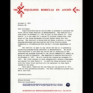 Letter to Inquilinos Boricuas en Acción from Efrain Collado.