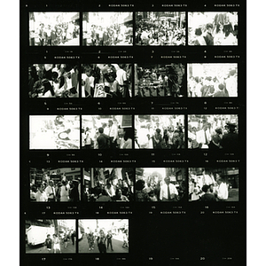 Contact sheet with images of Chinese activists at the August Moon Festival with signs advertising the referendum on Parcel C, demonstrators marching in Chinatown against the New England Medical Center's plan to build a parking garage on Parcel C, and mayoral candidate Tom Menino talking to protesters