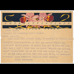 Telegram from Alice Broderick to Muriel S. Snowden about Coffee Hour