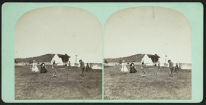 Stereograph of people playing croquet, Mt. Desert, Bar Harbor, Maine, undated