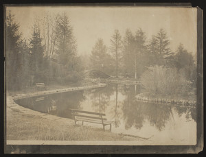 Exterior view of pond and pedestrian bridge, Elm Park, Worcester, Mass., ca. 1890