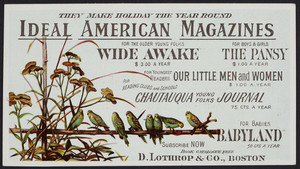 Trade card for Ideal American magazines, D. Lothrop & Co., Boston, Mass., undated