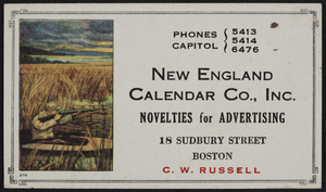 Trade card for the New England Calendar Co., Inc., novelties for advertising, 18 Sudbury Street, Boston, Mass., undated