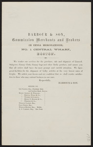 Circular for Barbour & Son, commission merchants and brokers in India merchandize, No. 1 Central Wharf, Boston, Mass., undated
