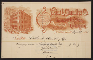 Billhead for Victor L. Chandler Co., engraving on wood and electrotyping, 43 Milk Street, Boston, Mass., dated April 9, 1892