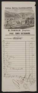 Billhead for the Royal Hotel Glendalough, R. Jordan, proprietor, Seven Churches, Glendalough, Republic of Ireland, 1867