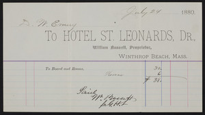Billhead for the Hotel St. Leonards, Winthrop Beach, Mass., dated July 24, 1880