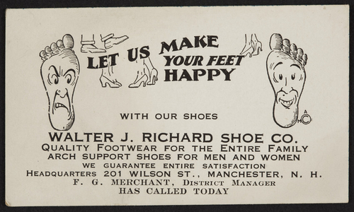 Trade card for the Walter J. Richard Shoe Co., 201 Wilson Street, Manchester, New Hampshire, undated